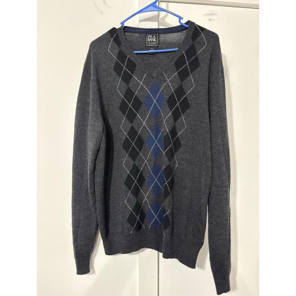 Jos A Bank Mens Sweater Argyle Gray Blue XL V Neck Long Sleeve Shirt Executive